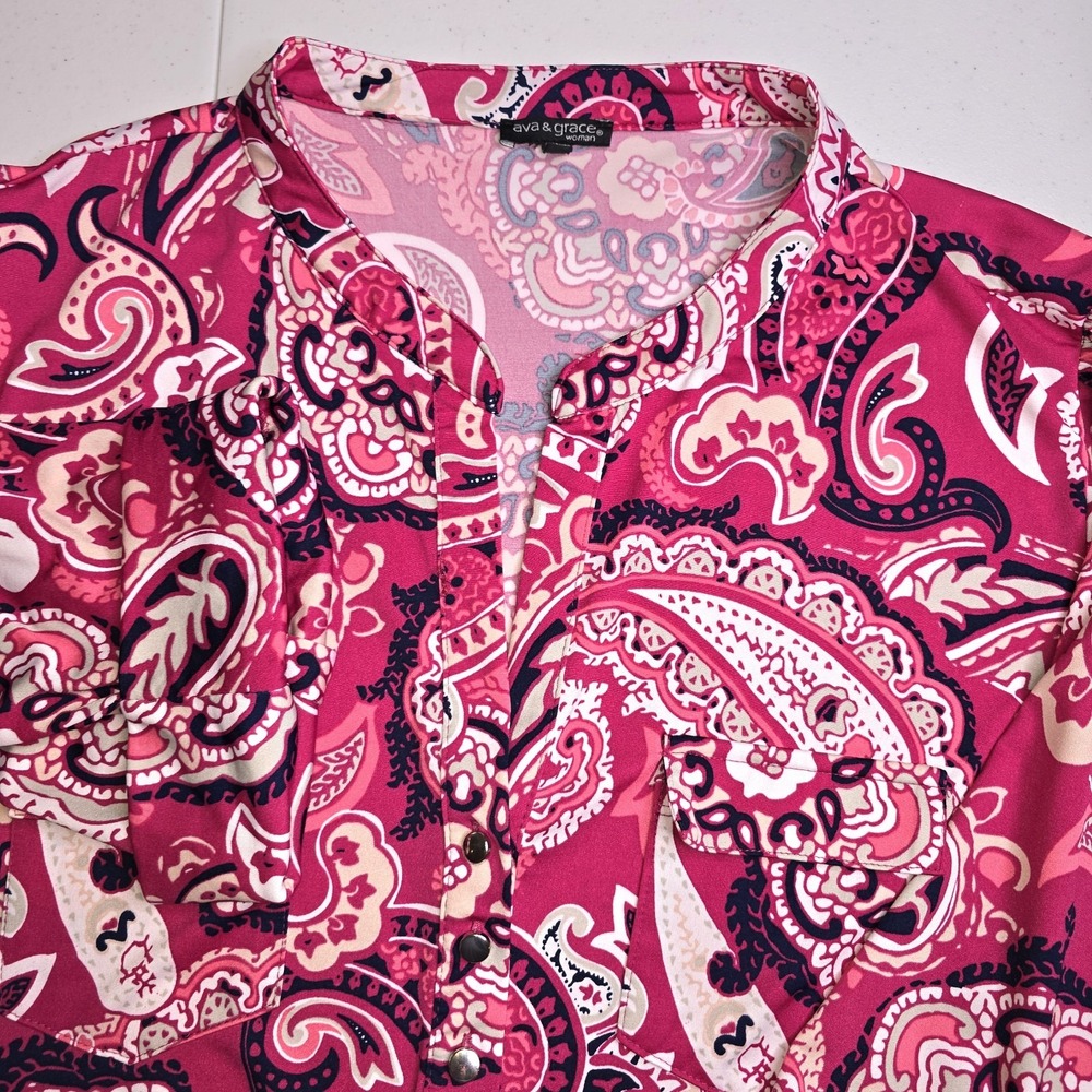 AVA‎ & GRACE Women's 3X Top Hot Pink Multicolor Paisley Long Sleeve -1192